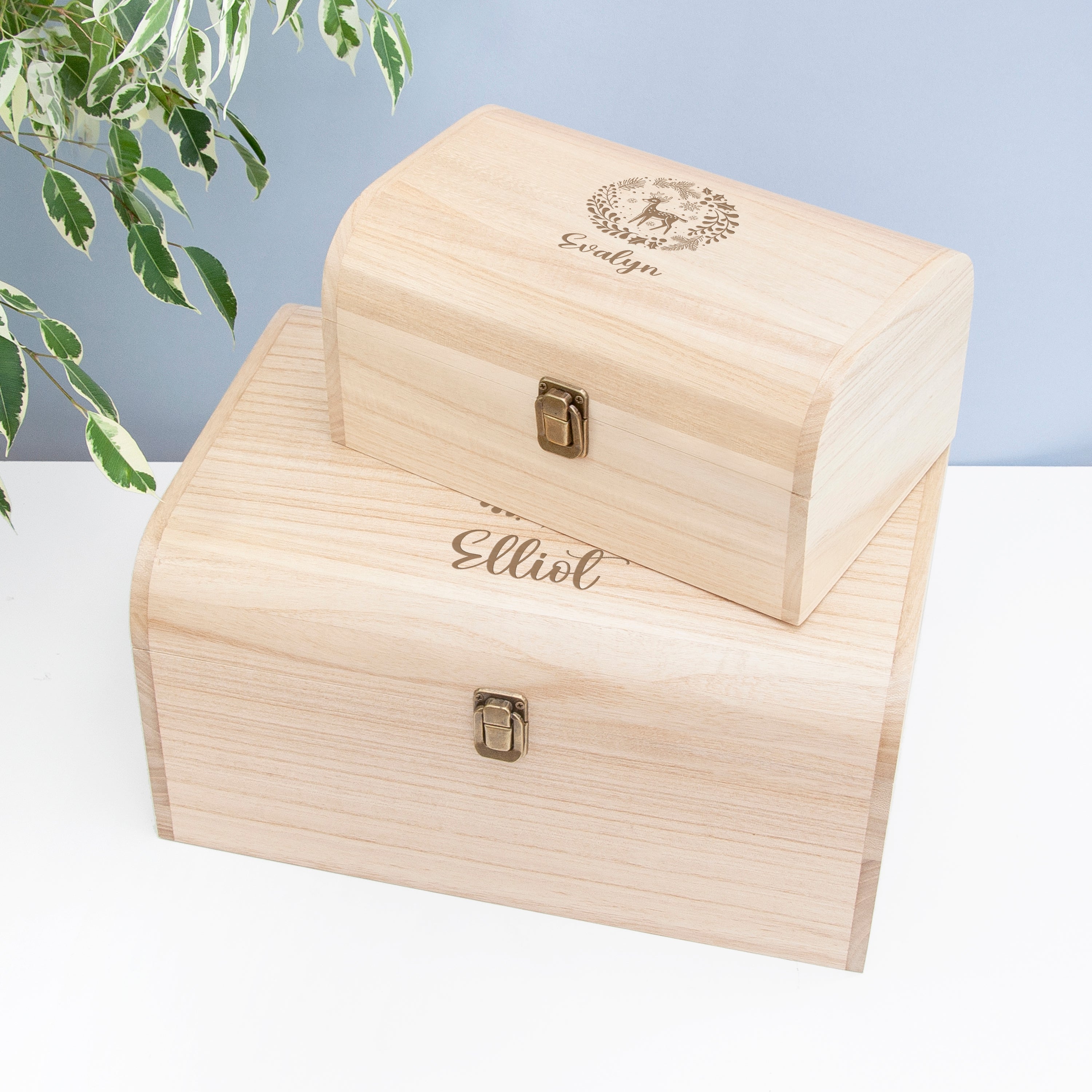 Two wooden boxes with engraved names on a light background