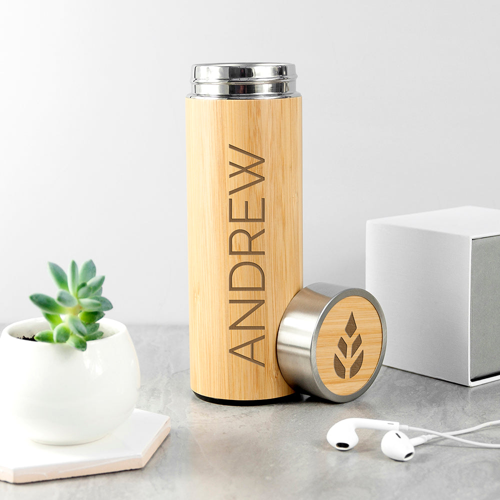 Personalised Bamboo Vacuum Flask with Tea Strainer