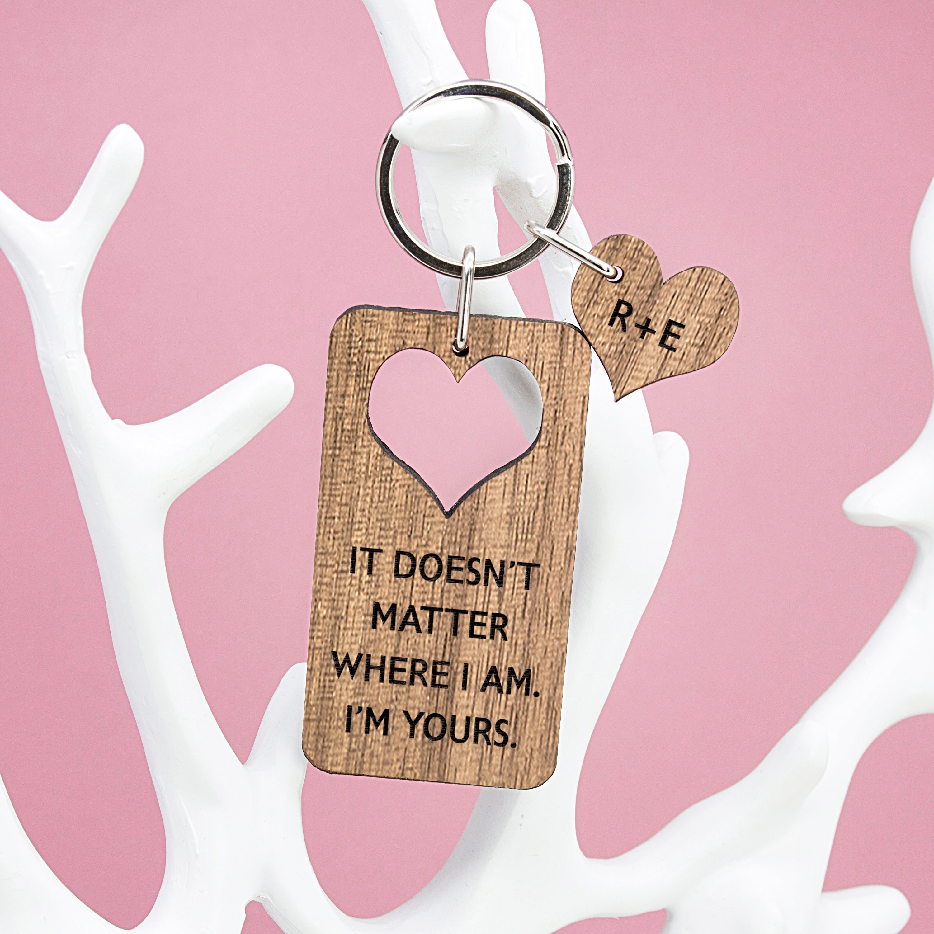 Personalised Valentine's Couples Heart Shape Walnut Keyring