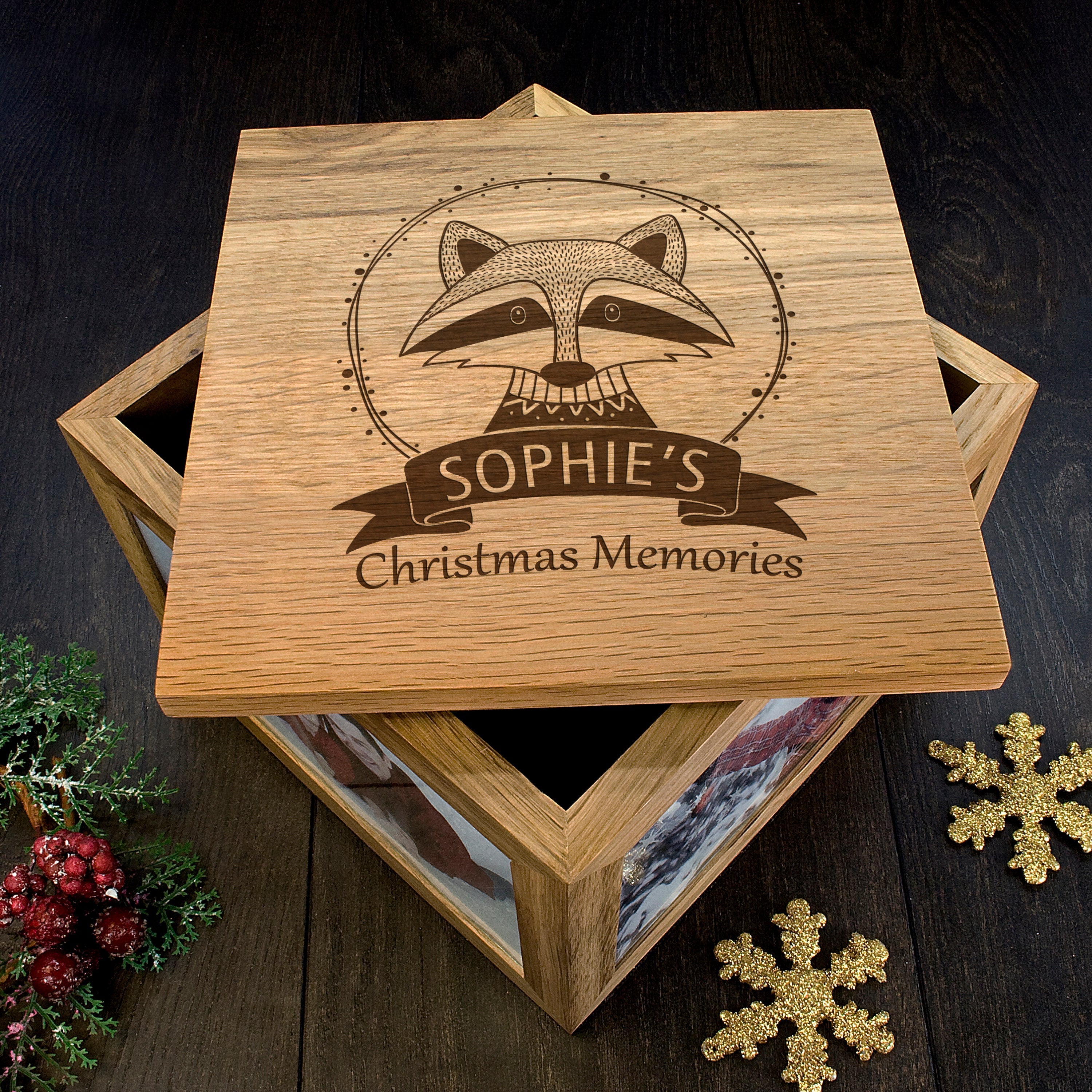 Personalised Woodland Raccoon Christmas Memory Photo Cube