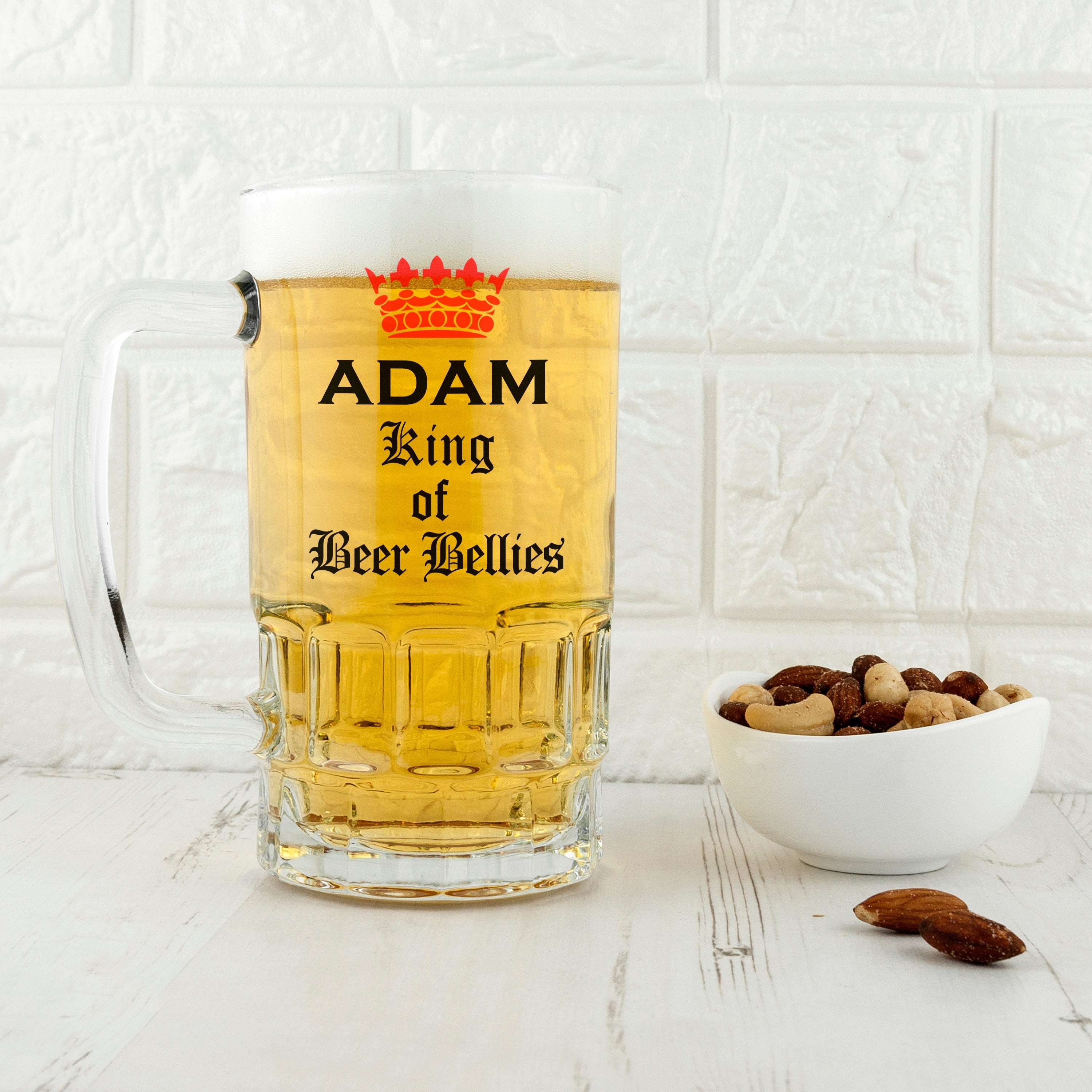Personalised King of Beer Bellies Glass Tankard