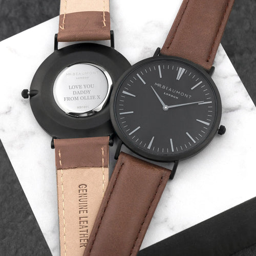Mr Beaumont Men's Personalised Watch With Black Face in Brown Spesh Gifts