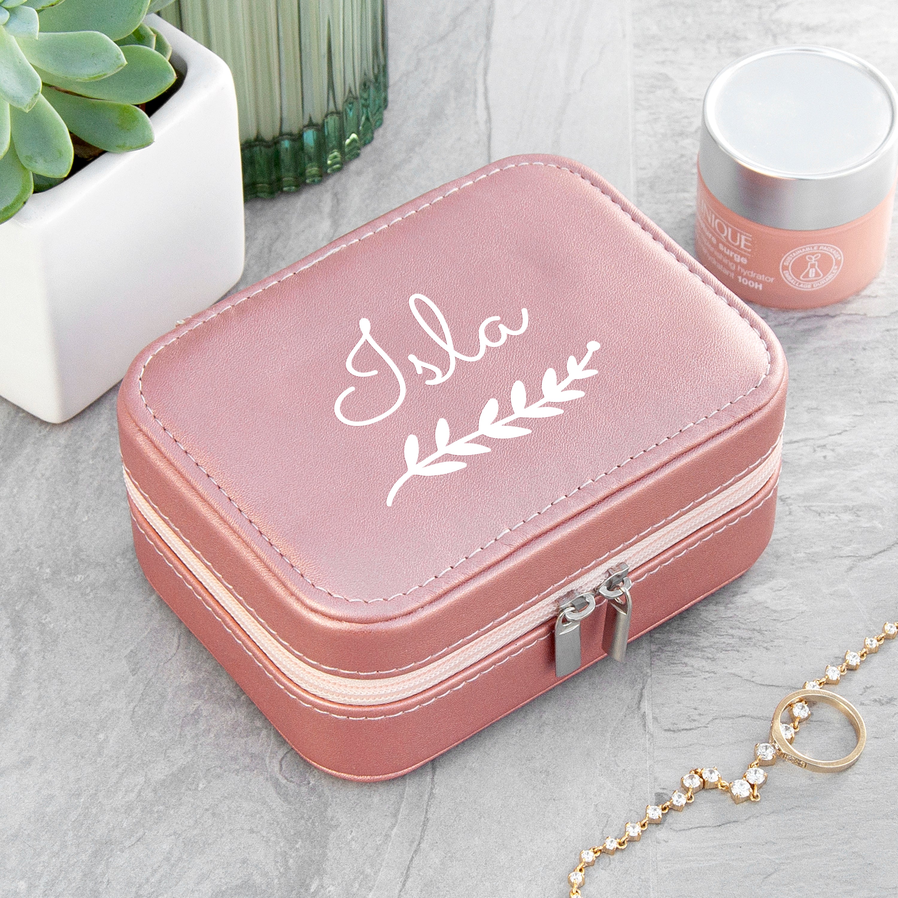 Personalised Wreath Pink Travel Jewellery Case