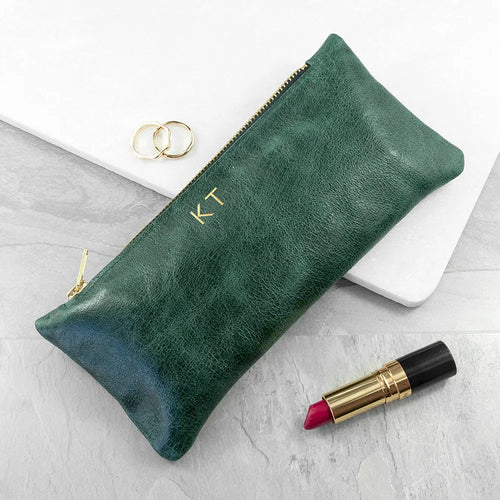 Monogrammed Green Leather Slimline Clutch Bag Spesh Gifts