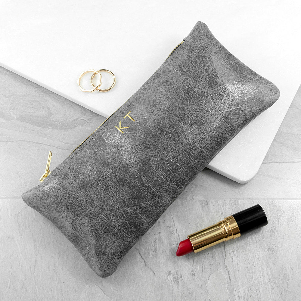 Monogrammed Grey Leather Slimline Clutch
