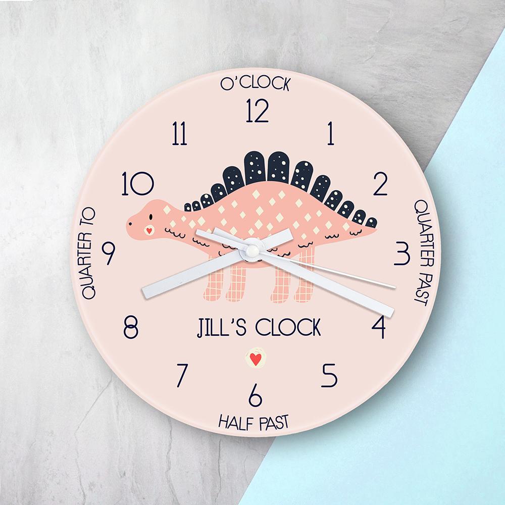 Personalised Kids Stegosaurus Glass Wall Clock