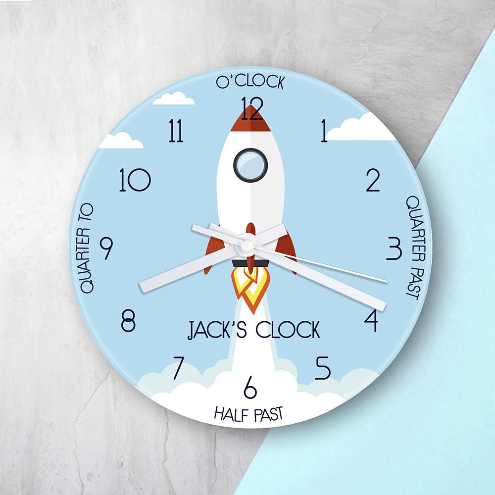 Personalised Kids Rocket Glass Wall Clock