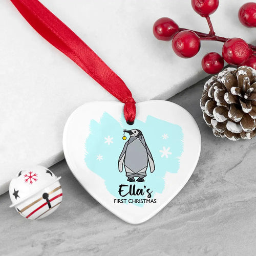 Personalised Baby Penguin Heart Decoration Spesh Gifts