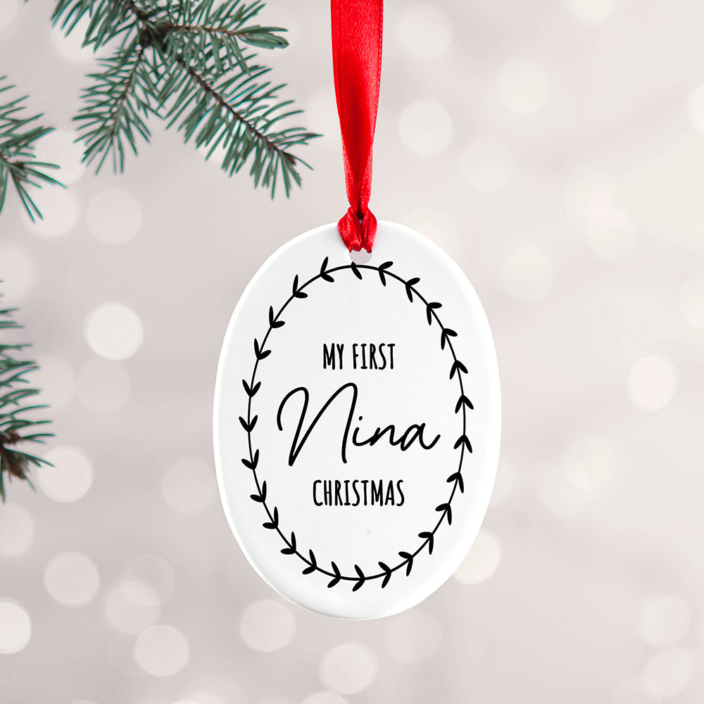 Personalised Baby's First Christmas Wreath Ceramic Tree Decoration