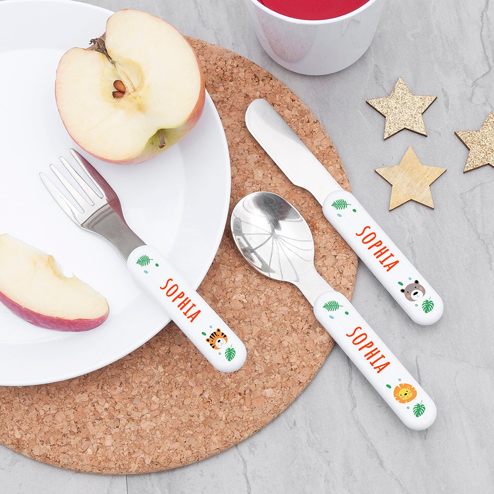 Personalised Children's Jungle Animal Metal Cutlery Set