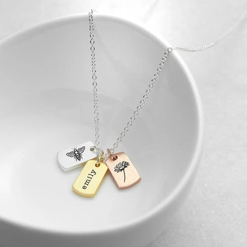 Personalised Bee and Flower Mini Tag Necklace Spesh Gifts