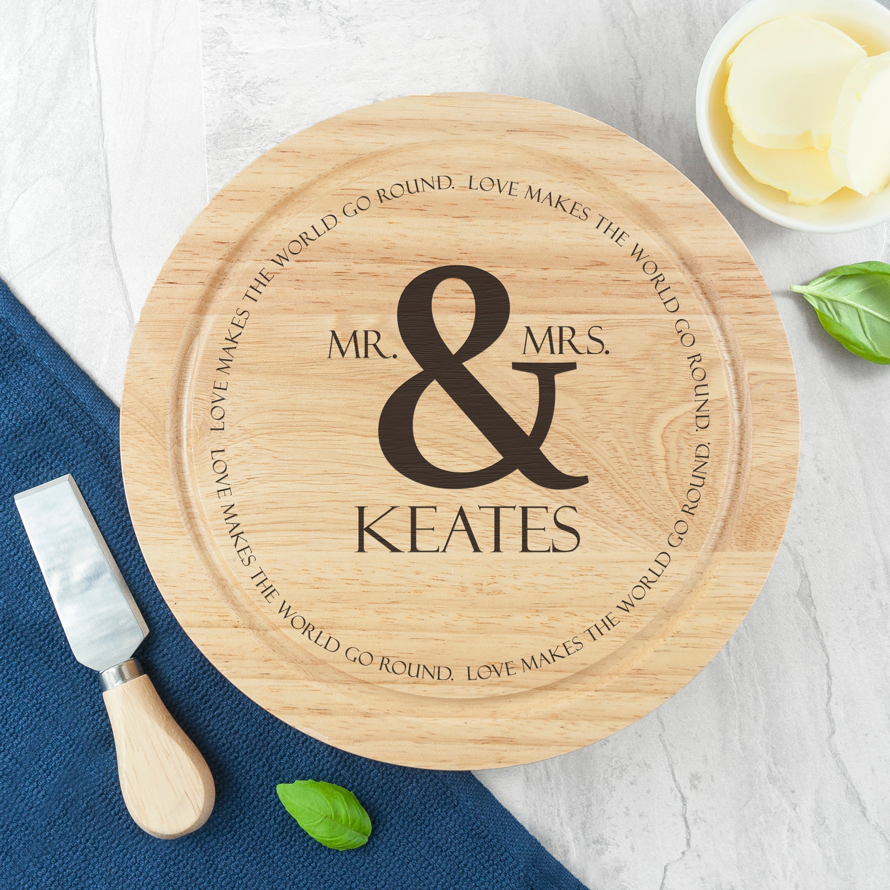Personalised Love Makes The World Go Round Cheese Board Set