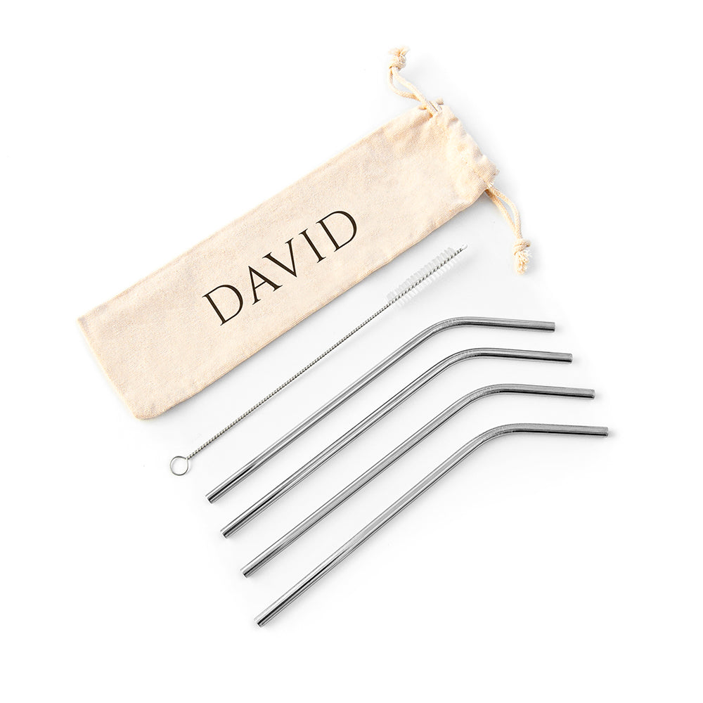 Set of metal straws with a beige drawstring bag labeled 'DAVID' on a white background