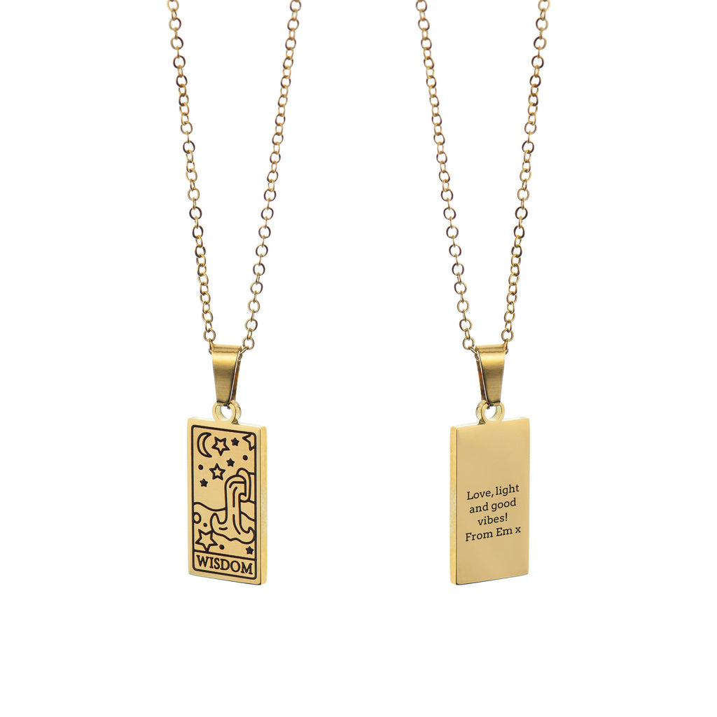 Two gold necklaces with rectangular pendants on a white background