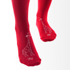 Red tights with white giraffe illustrations and names on a white background