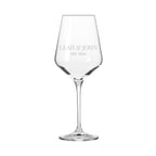 Clear wine glass with engraved text 'LEAH & JOHN EST. 2023' on a white background