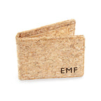 Cork wallet with initials 'EMF' on a white background
