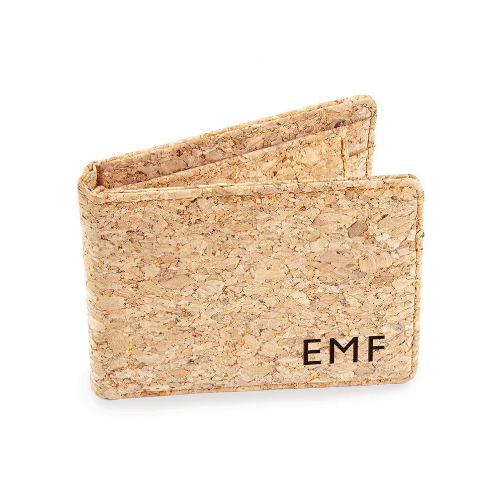 Cork wallet with initials 'EMF' on a white background