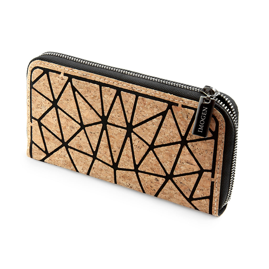 Cork wallet with geometric pattern and zipper on a white background