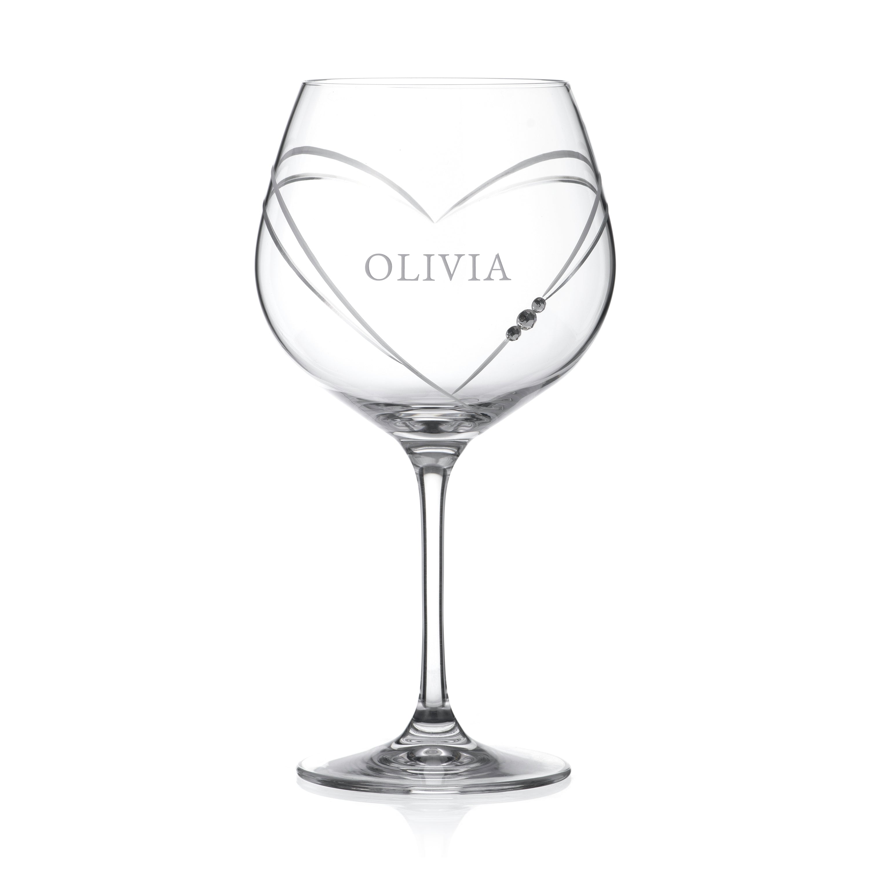 Clear wine glass with 'OLIVIA' engraved on a white background