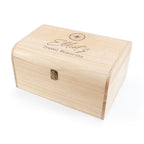 Wooden box with 'Eliot's Travel Memories' engraving on a white background