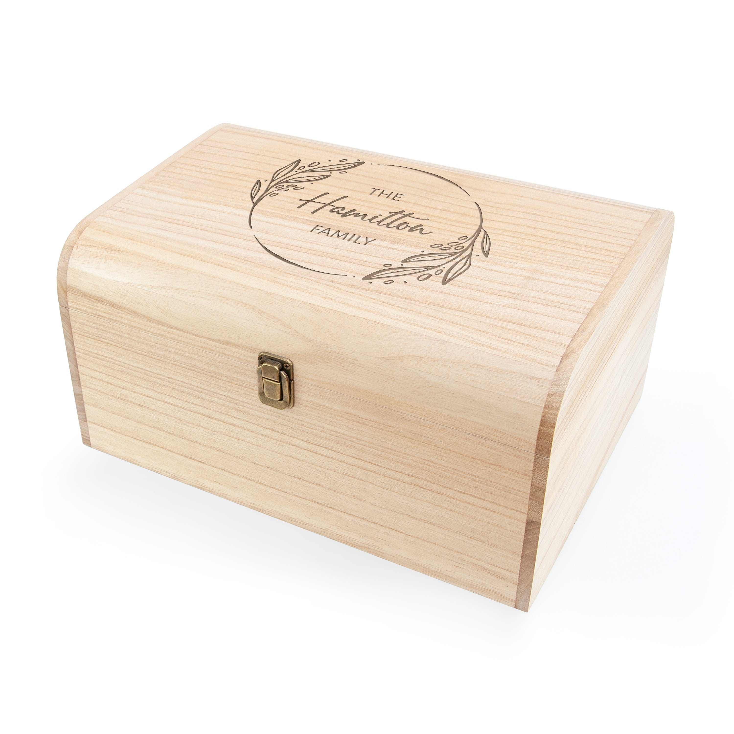Wooden memory box with 'Macdonald Family' engraving on a white background