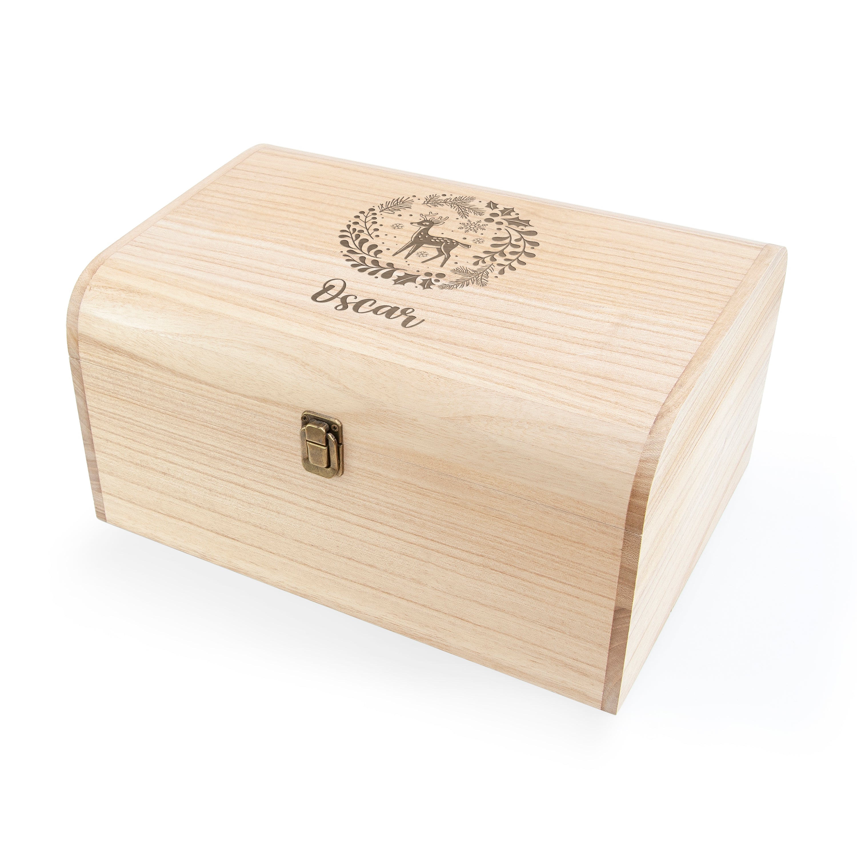 Wooden box with engraved design and 'Oscar' text on a white background