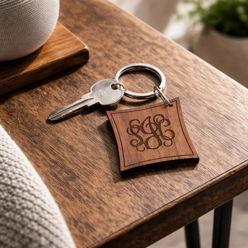 Monogrammed Initials Walnut Wood Keyring Spesh Gifts