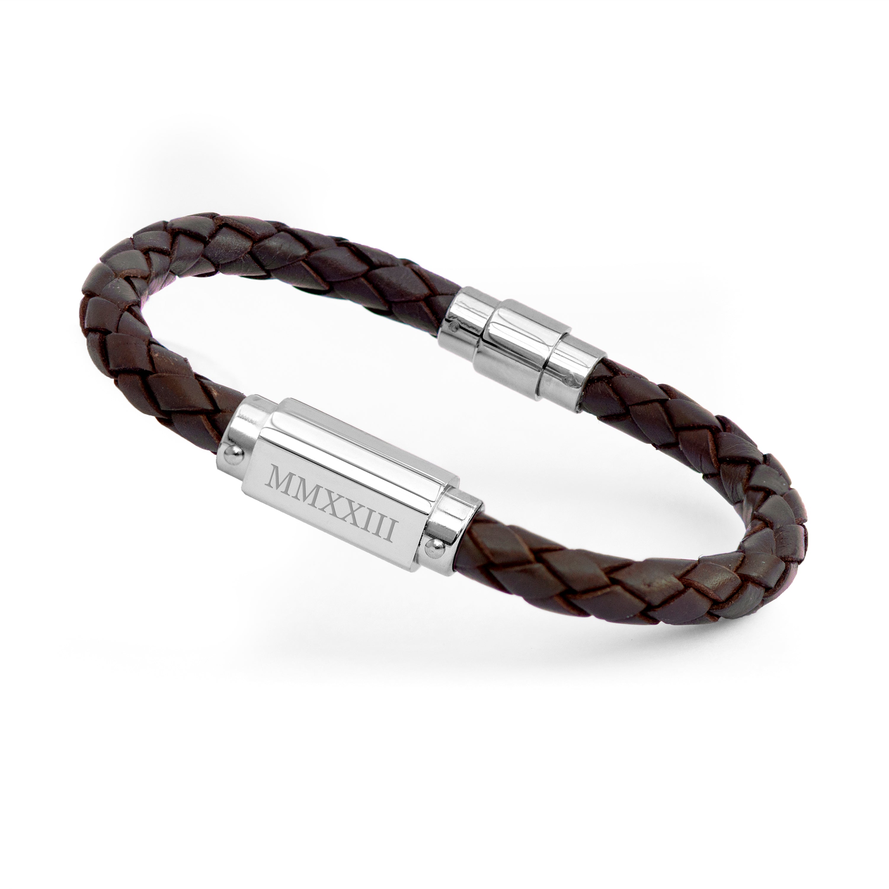 Brown braided leather bracelet with silver clasp on a white background