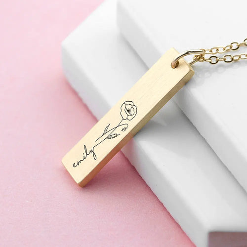 Personalised Birth Flower Gold Bar Necklace Spesh Gifts