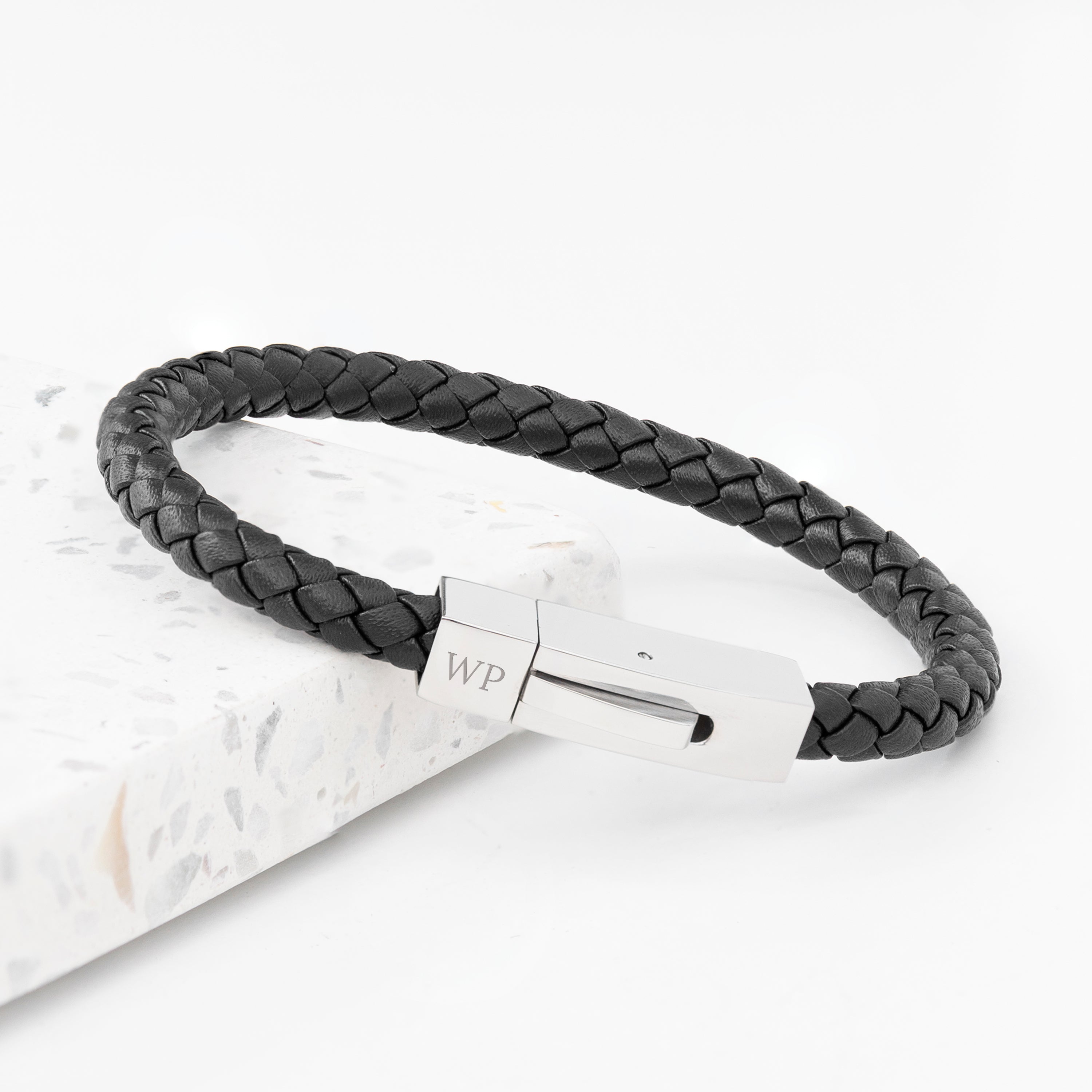 Personalised Men€™s Black Leather Bracelet with Tube Clasp