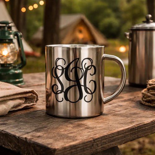 Monogrammed Ornate Silver Tone Outdoor Mug Spesh Gifts