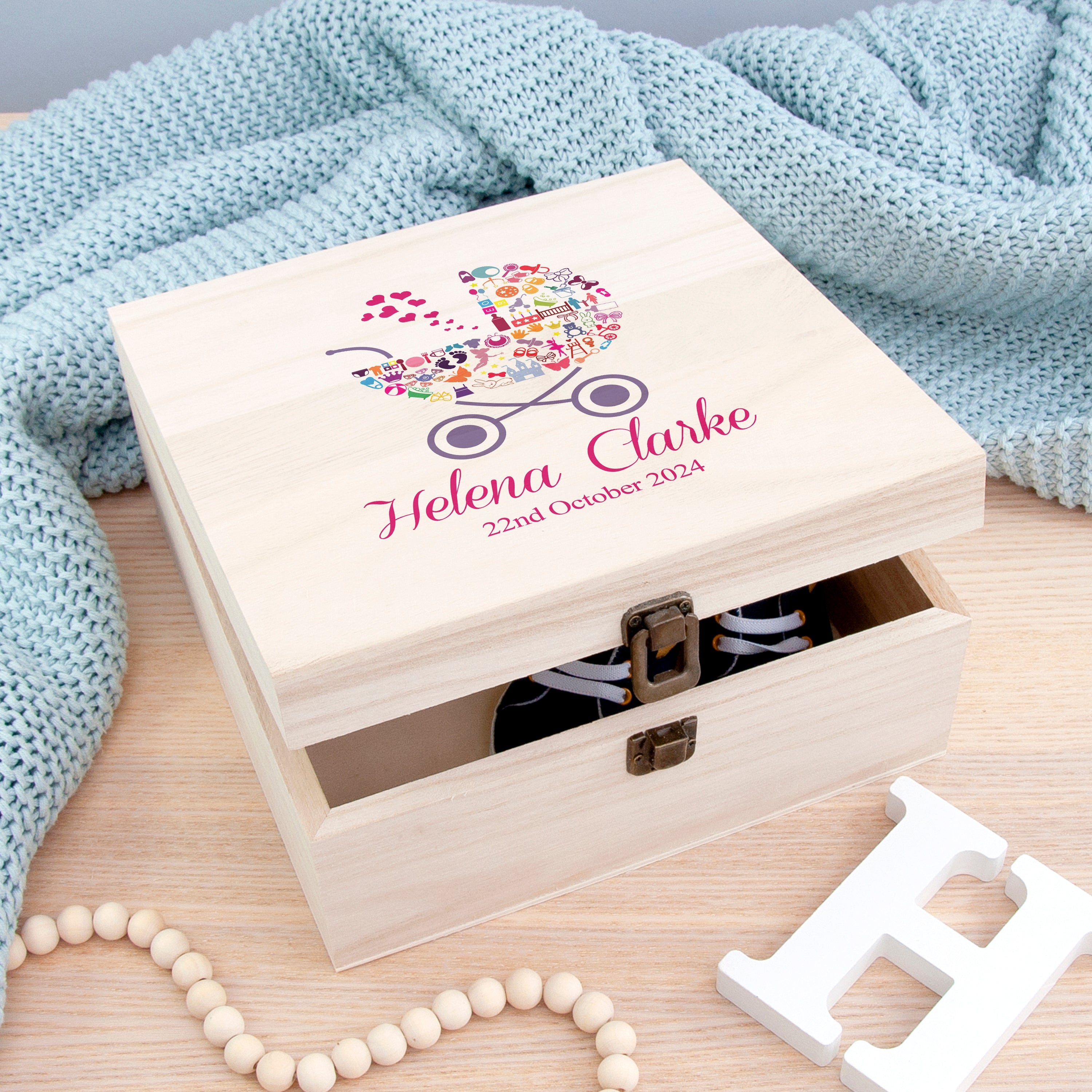 Personalised Pram Baby Girl Memory Box