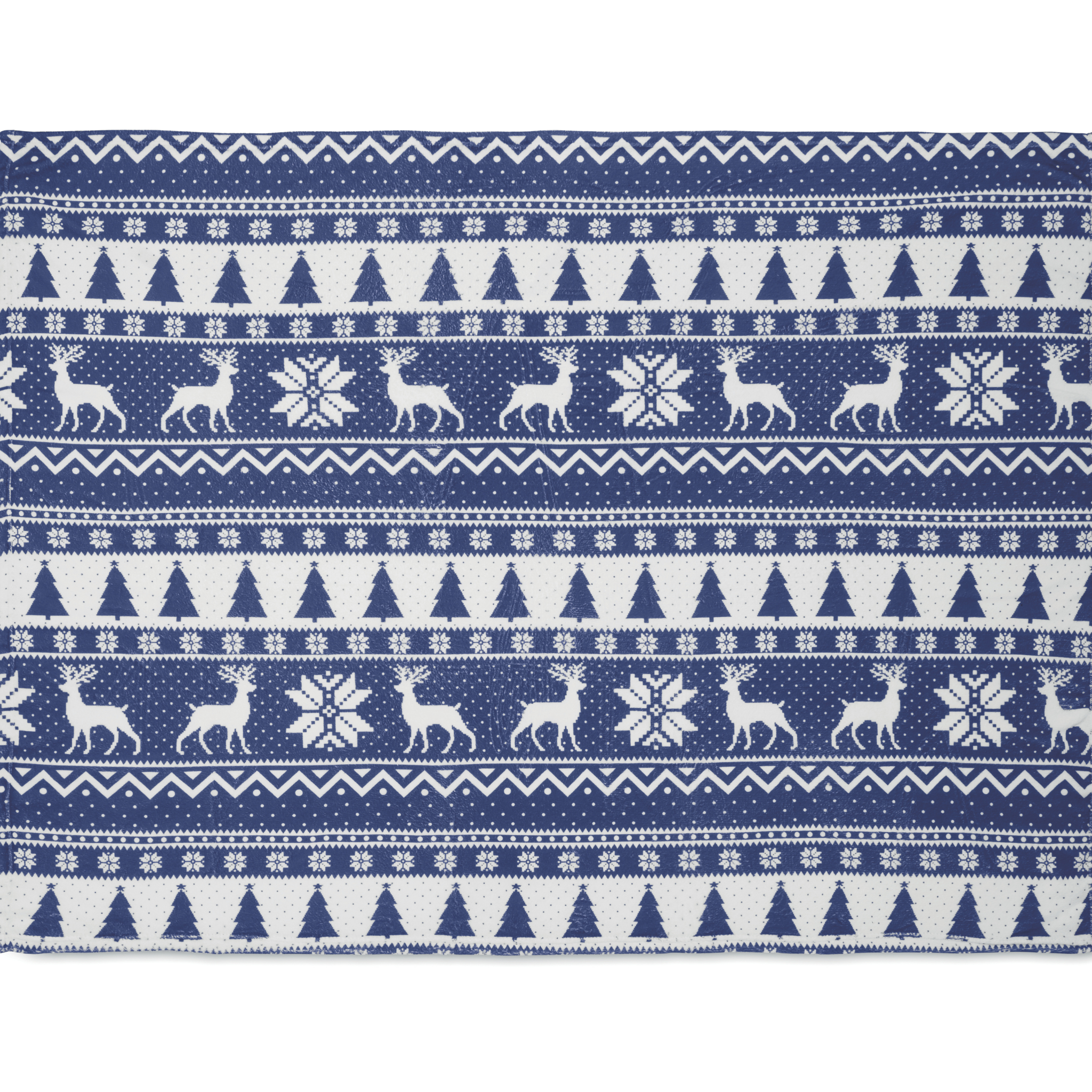 Nordic pattern with deer, trees, and snowflakes on a blue and white background