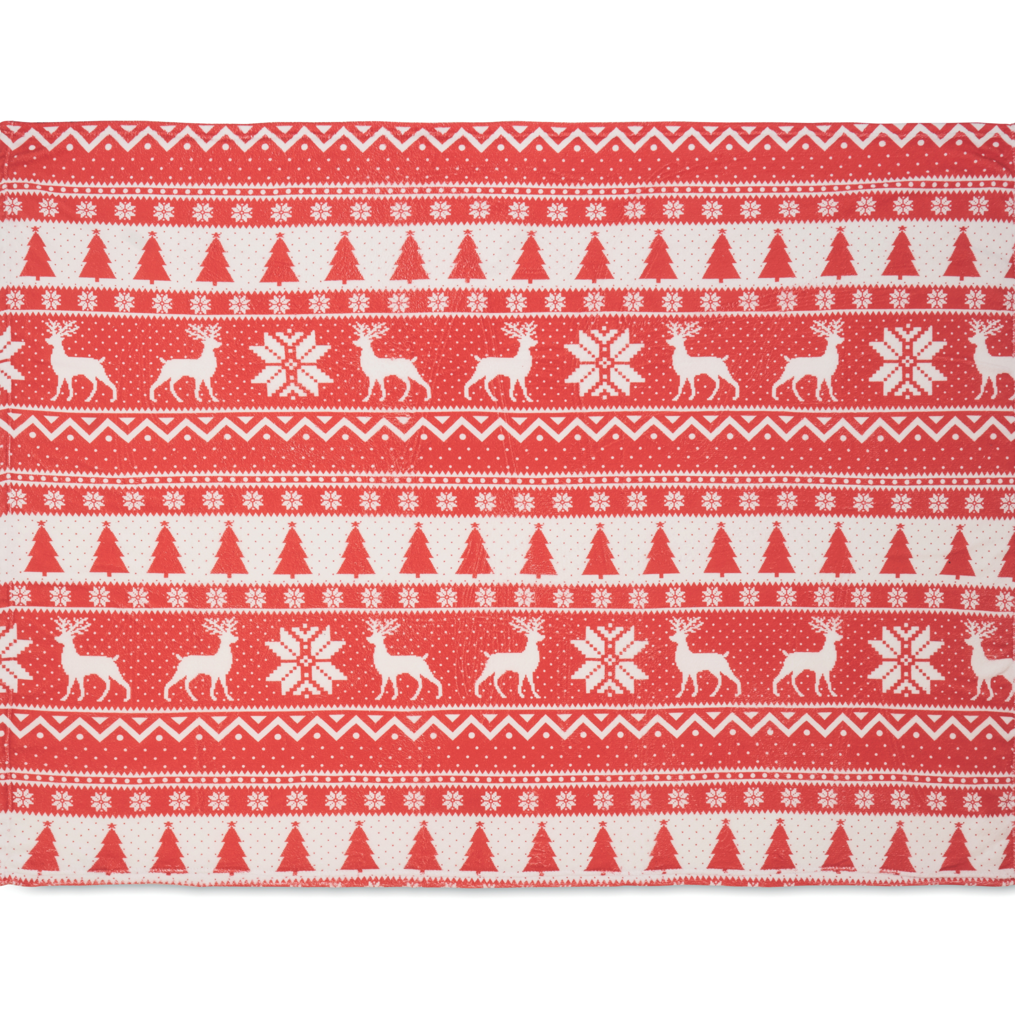 Red and white patterned fabric with reindeer and snowflake design