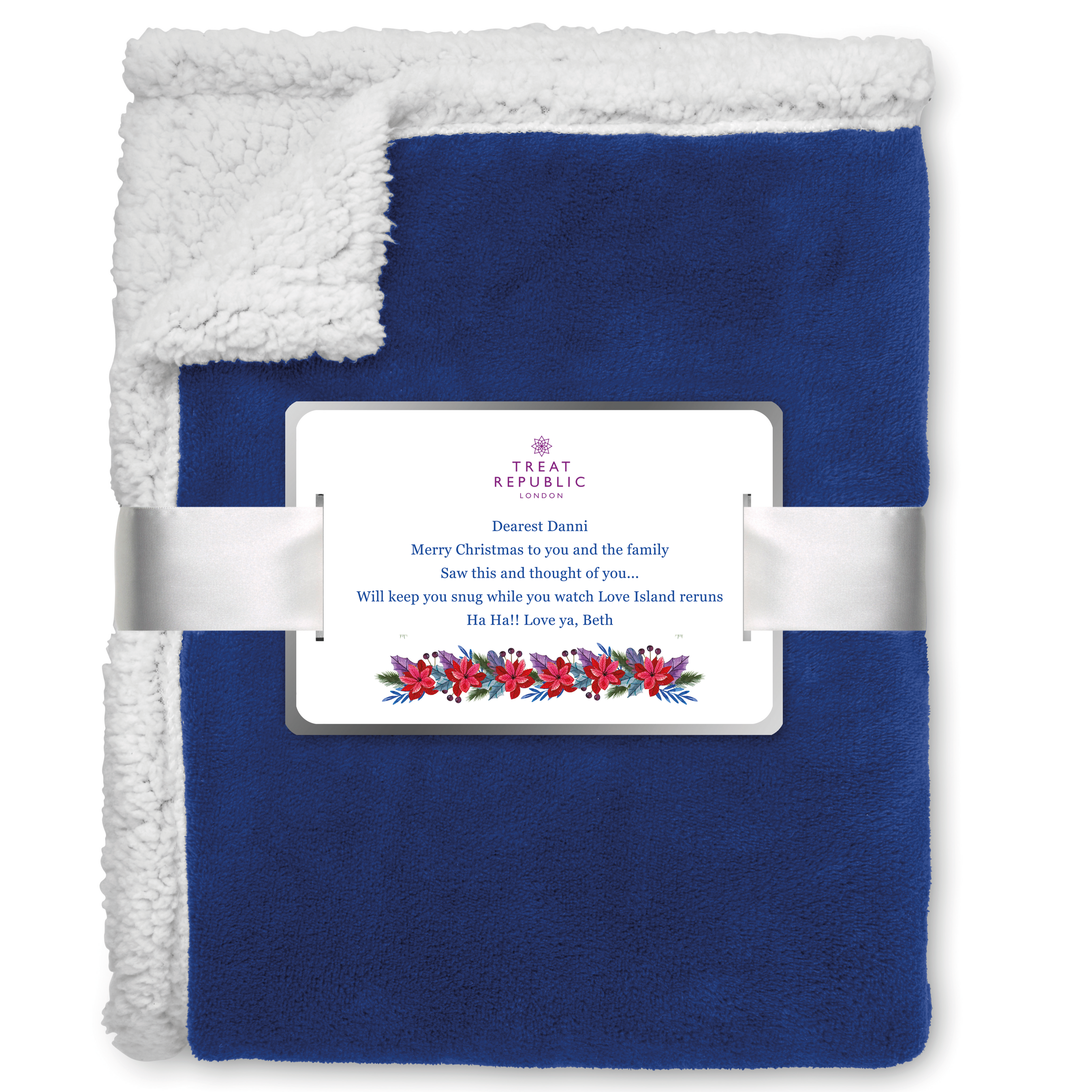 Blue blanket with white trim and a decorative label on a white background