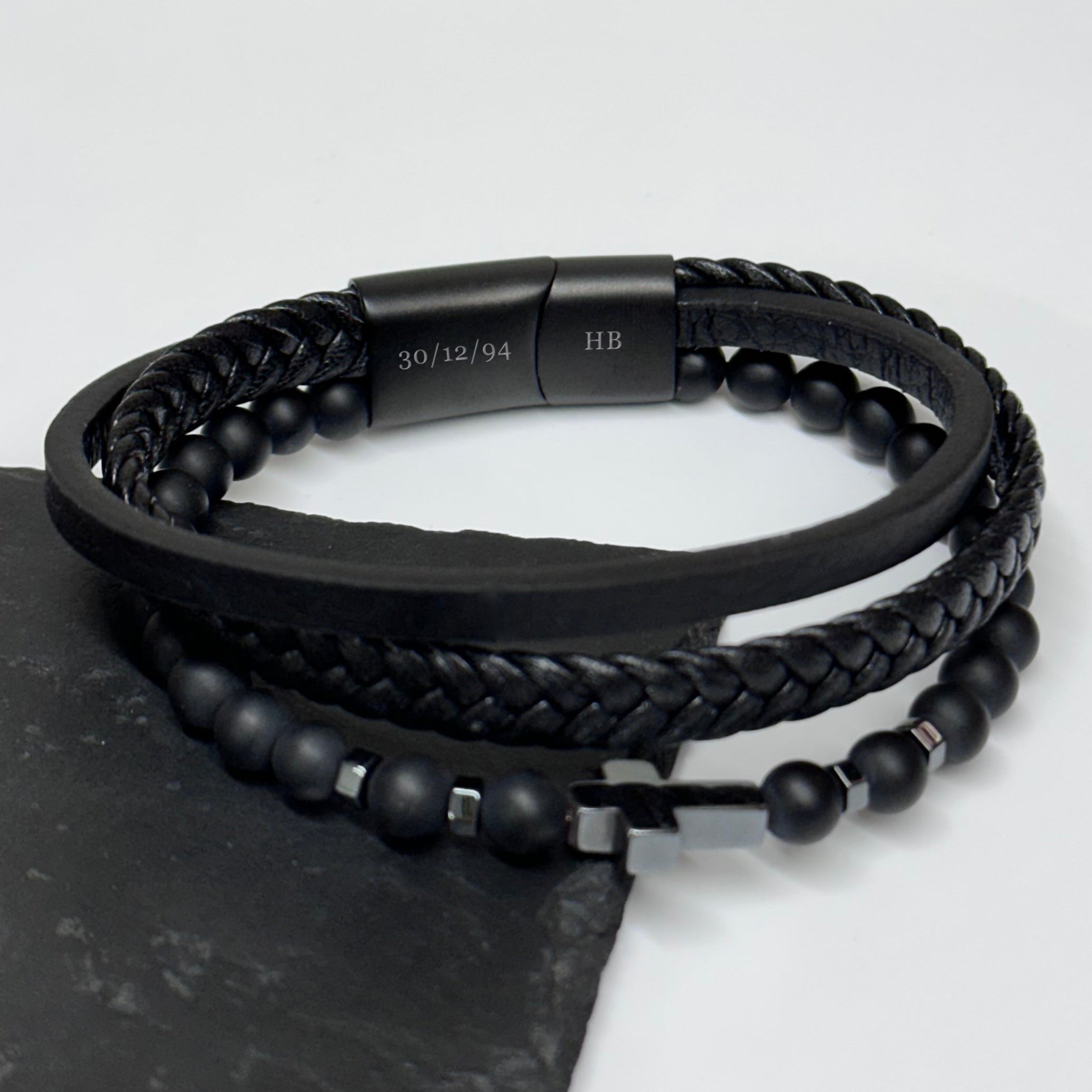 Personalised Men's Beaded and Stacked Leather Cross Bracelet