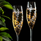 Two champagne flutes with floral etching filled with champagne on a dark background.