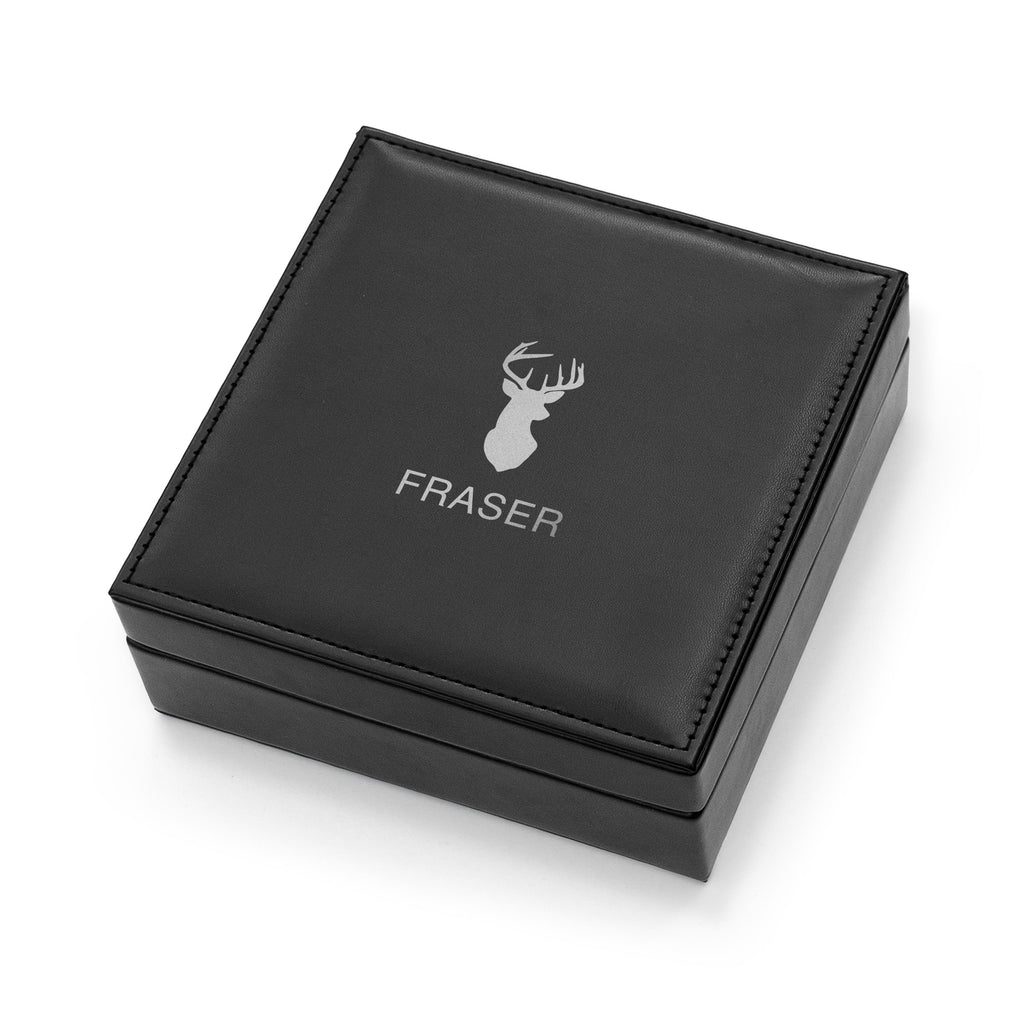 Black jewelry box with 'Fraser' branding on a white background