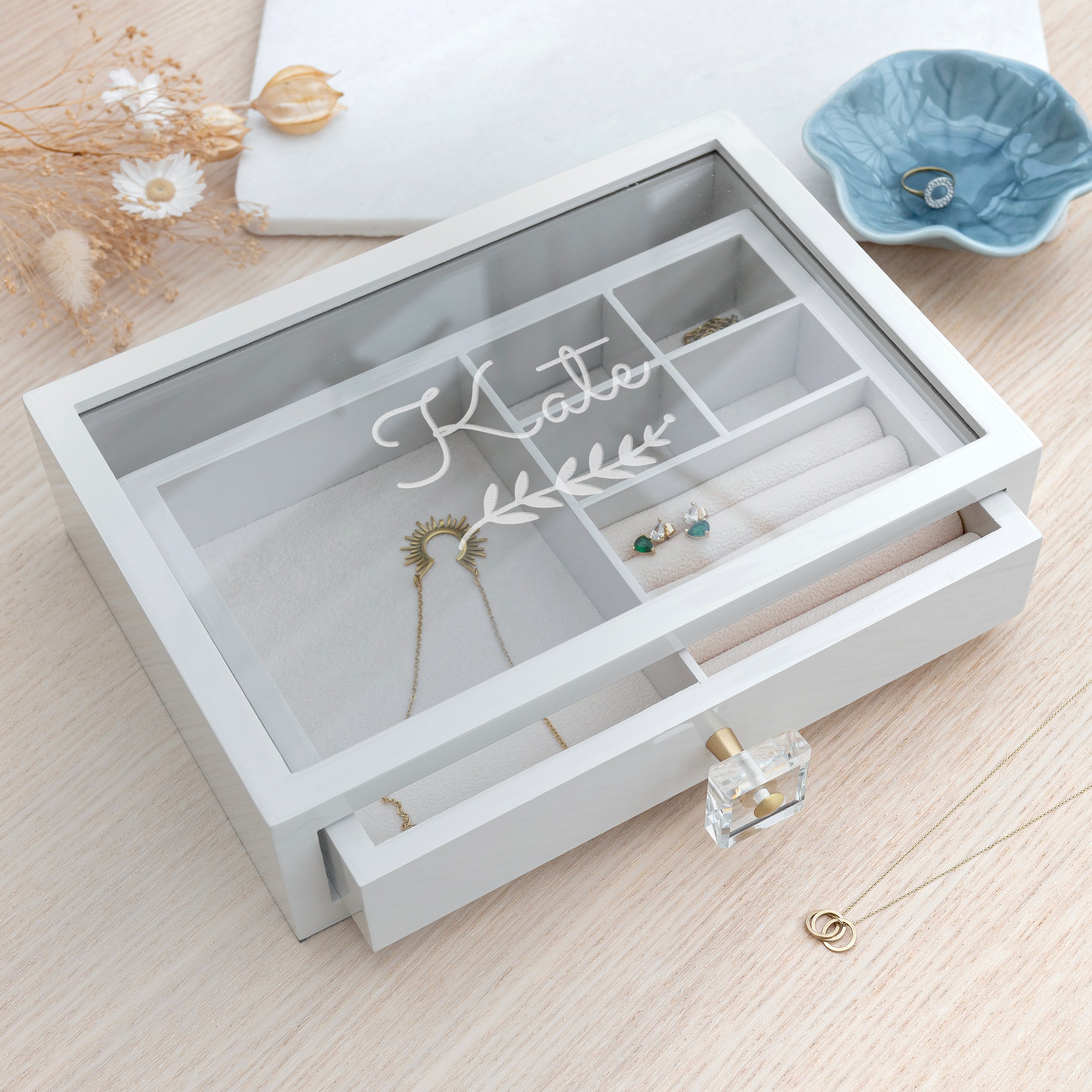 Personalised Garland Glass Drawer Jewellery Box