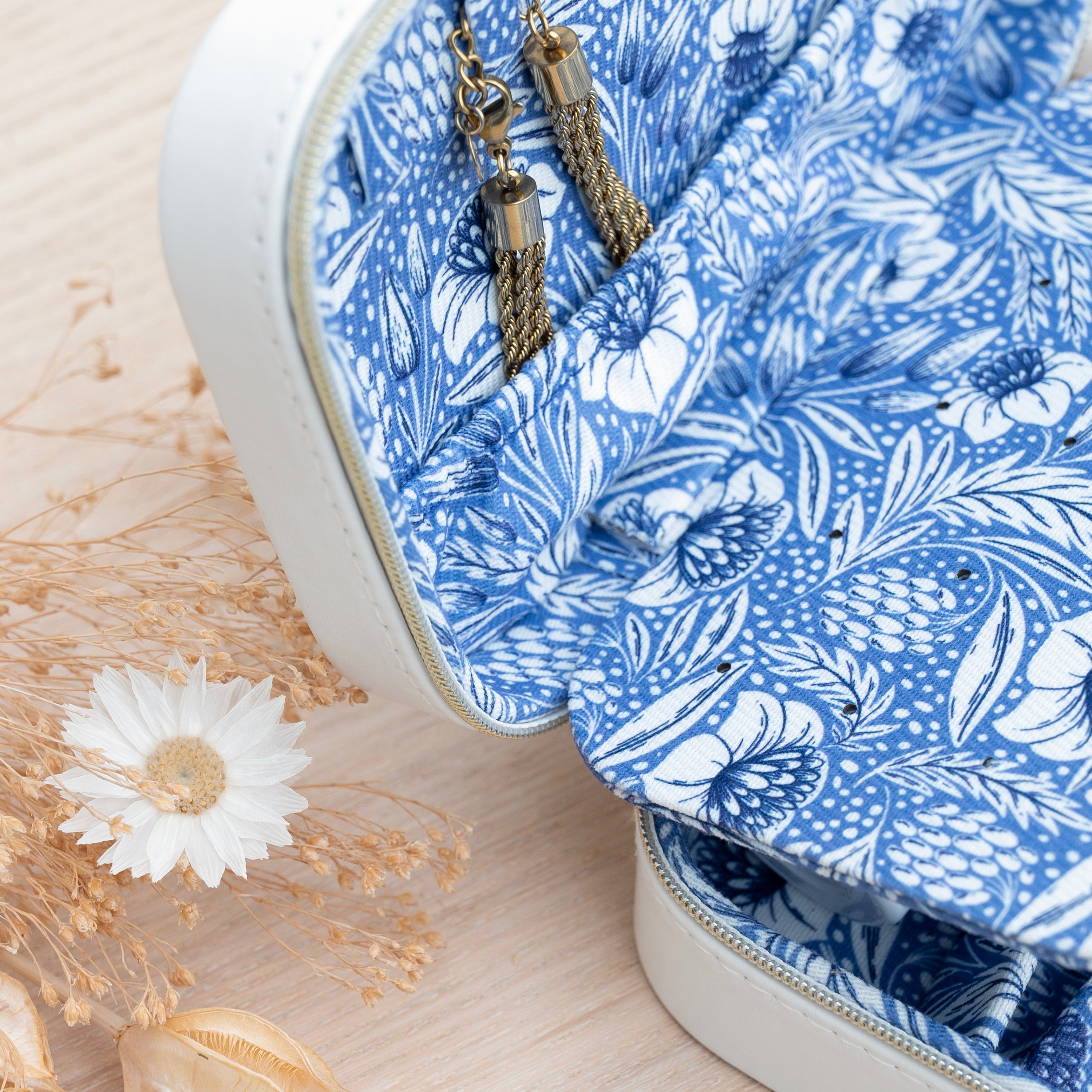 Personalised Luxury White and Blue Floral Garland Jewellery Case