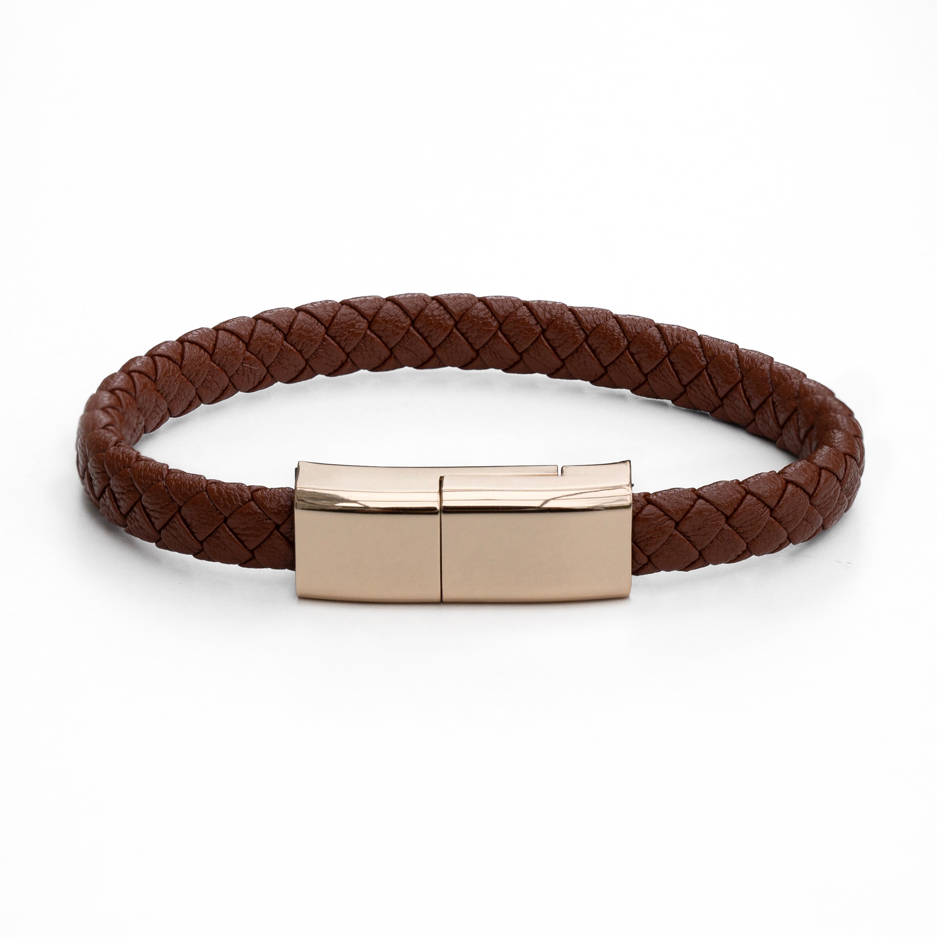 Brown braided leather bracelet with rose gold clasp on a white background