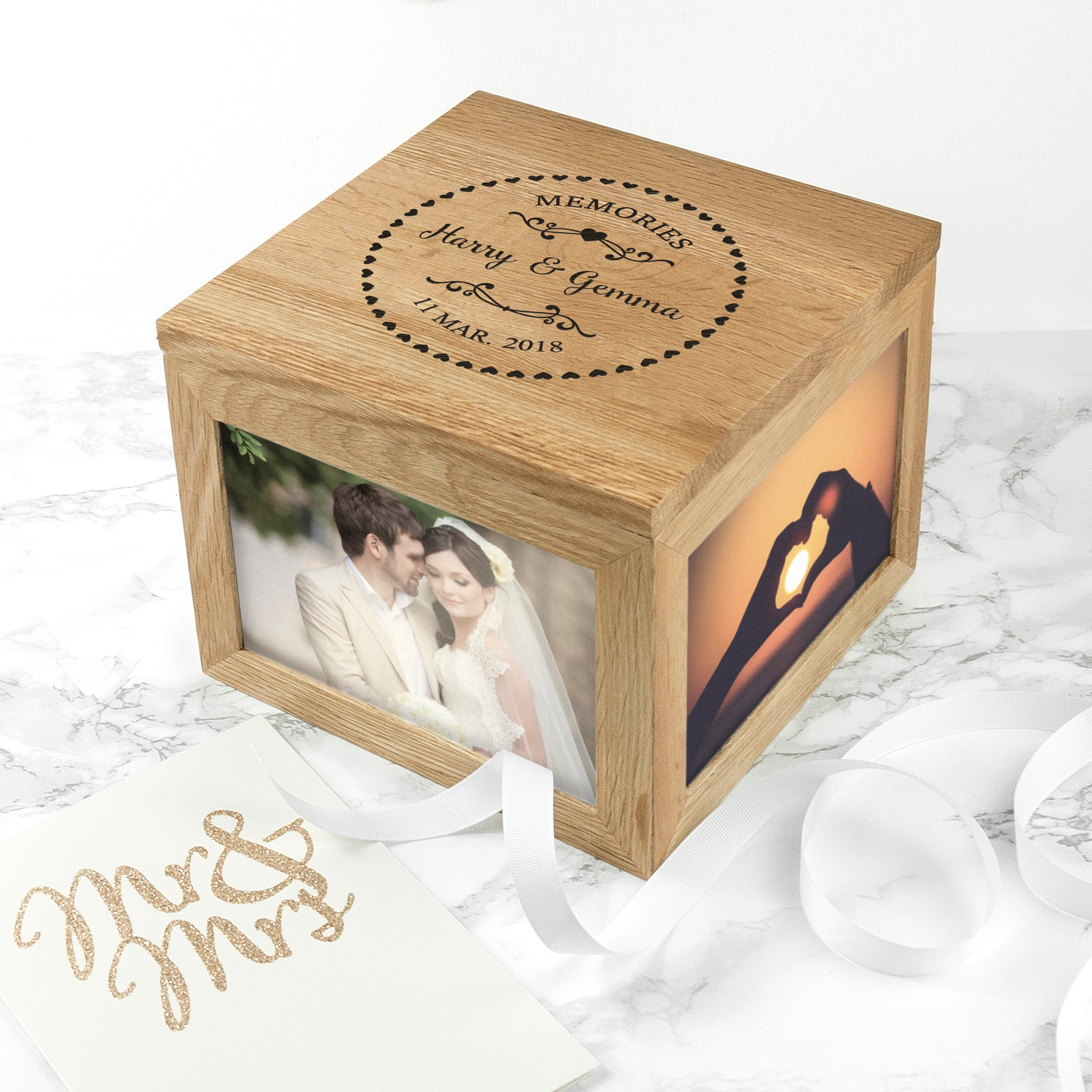 Personalised Couples' Oak Photo Keepsake Box with Heart Frame