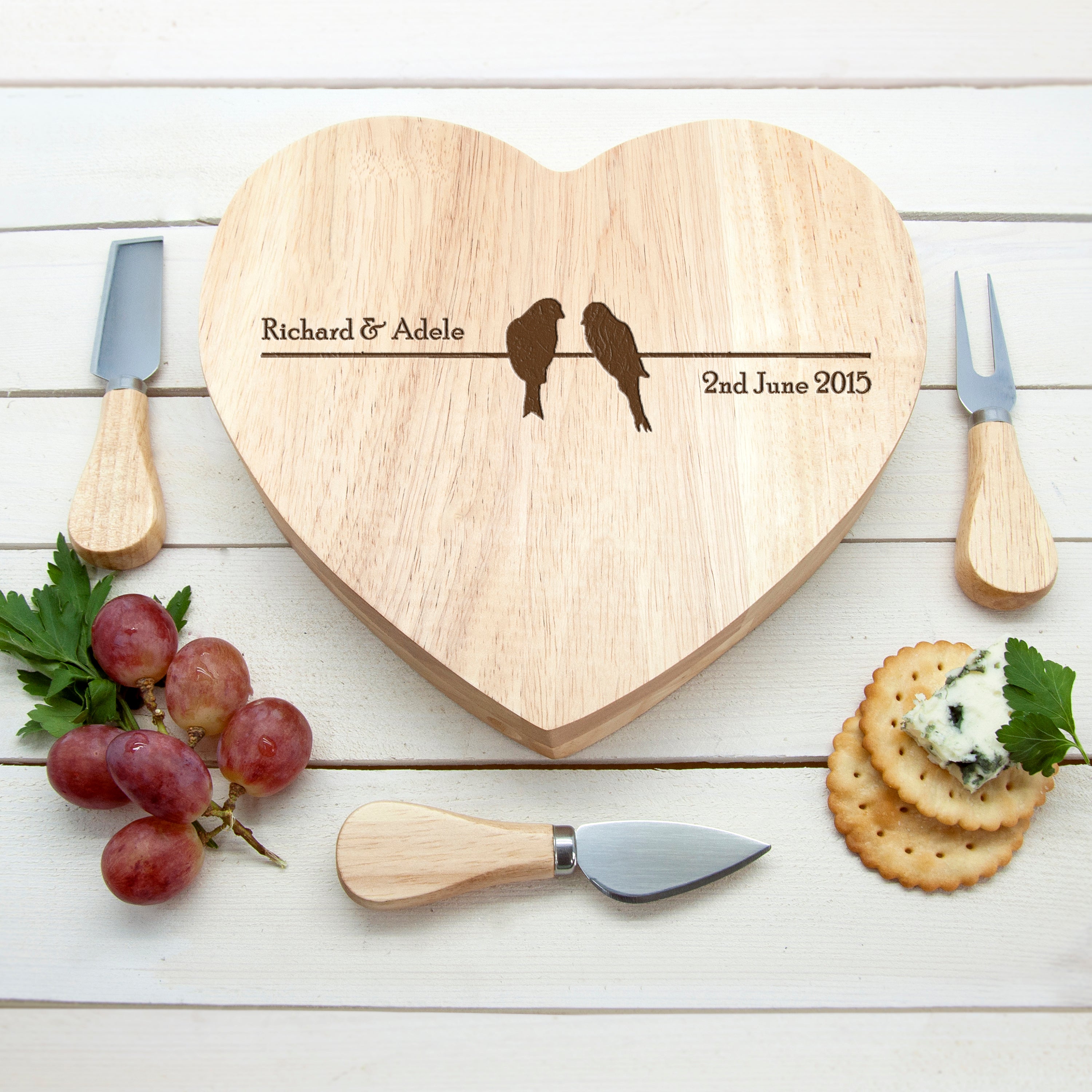 Personalised Love Birds Romantic Heart Cheese Board Set