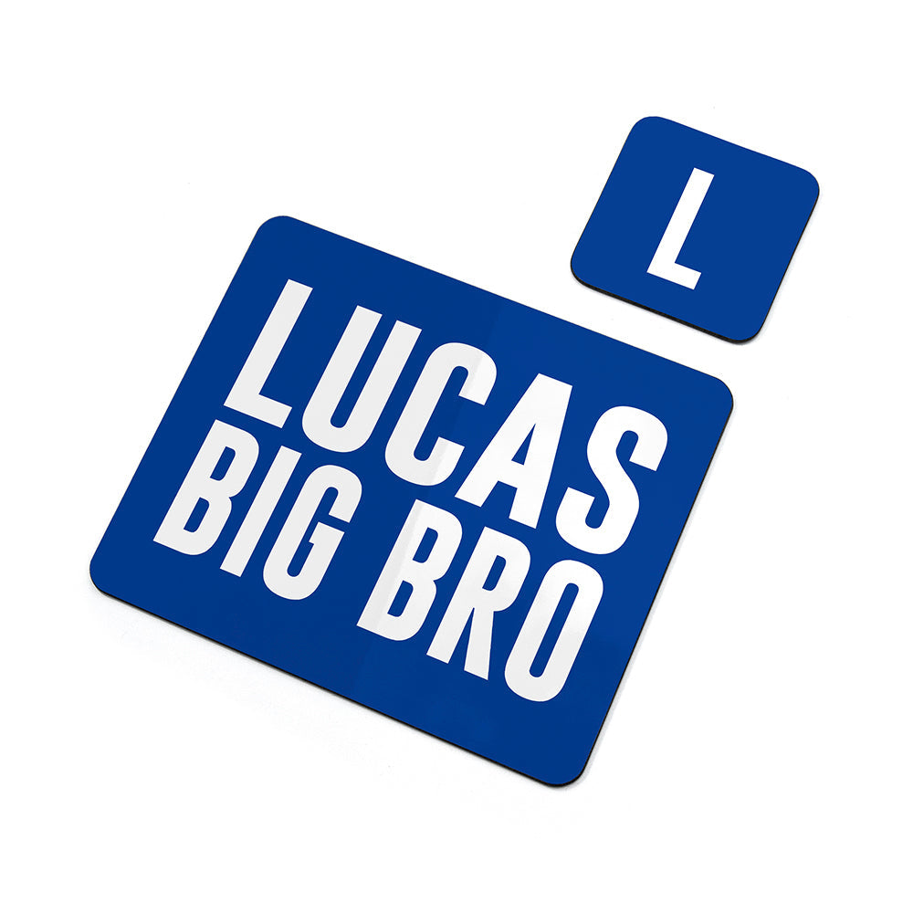 Blue sign with 'LUCAS BIG BRO' text on a white background