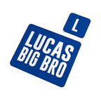 Blue sign with 'LUCAS BIG BRO' text on a white background