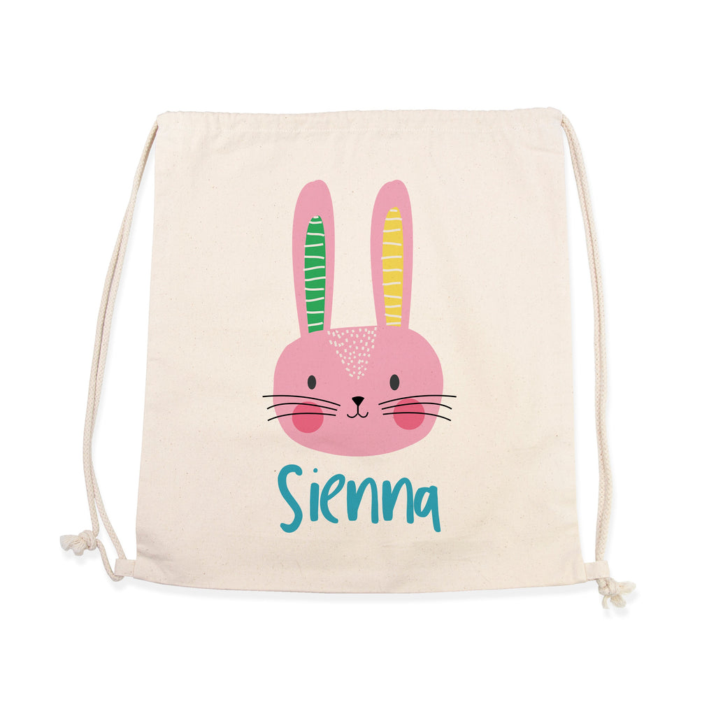 Drawstring bag with a pink bunny face and the name 'Sienna' on a white background