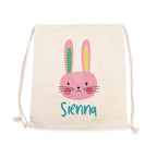 Drawstring bag with a pink bunny face and the name 'Sienna' on a white background