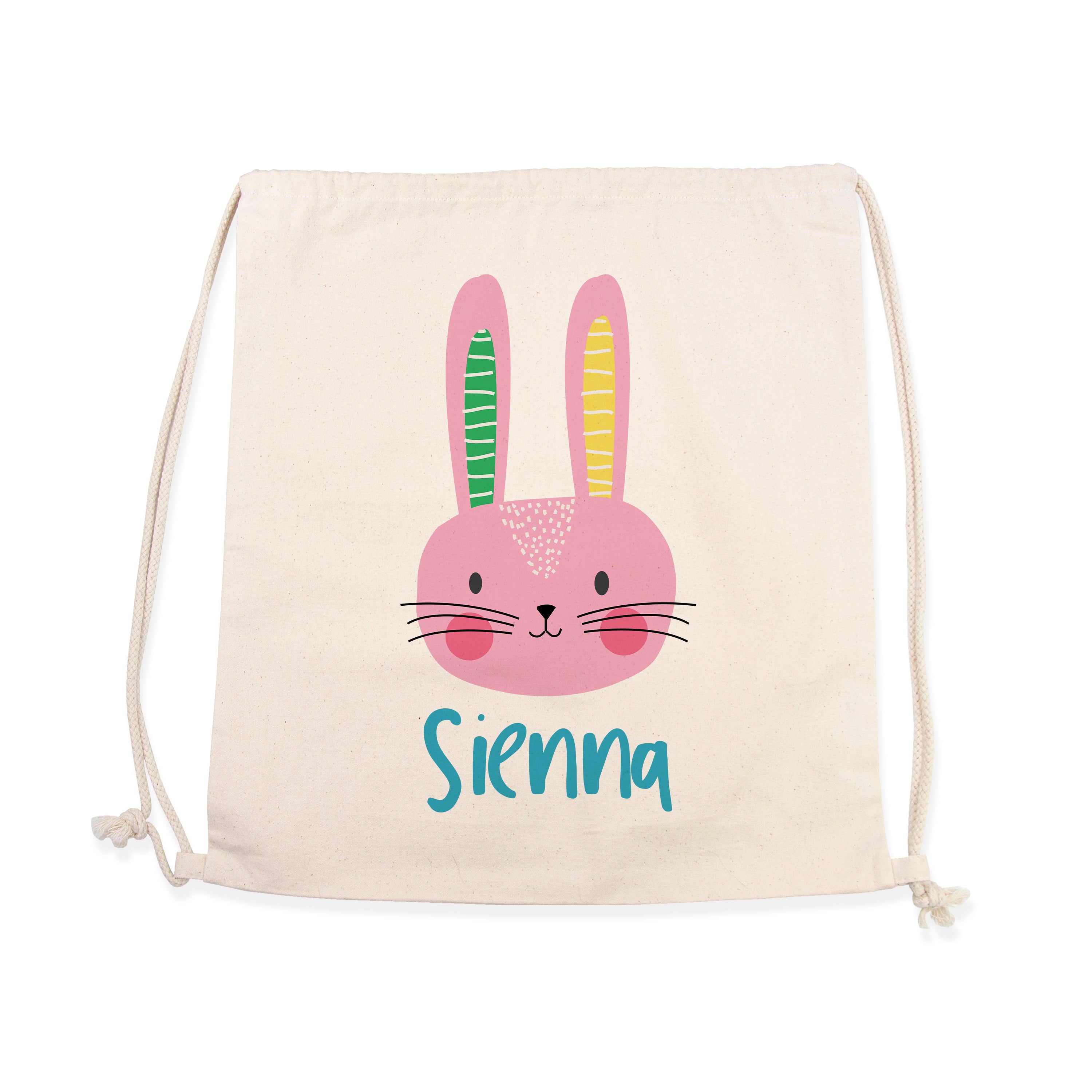 Drawstring bag with a pink bunny face and the name 'Sienna' on a white background