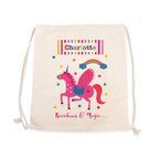 Drawstring bag with a pink unicorn design and text on a white background